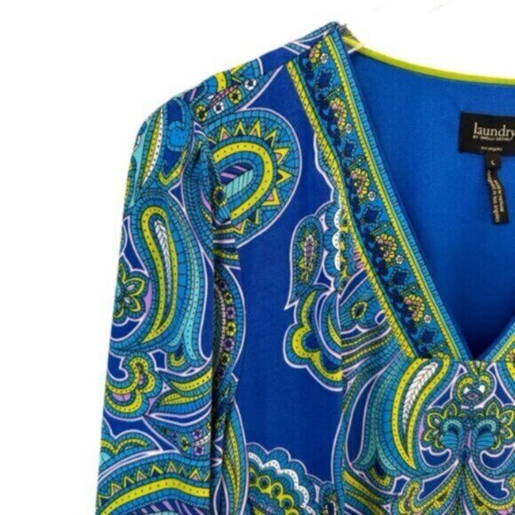 Laundry by Shelli Segal | Blue Green Paisley Lined V Neck Shift Dress Size Large - Picture 6 of 10